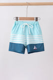 Blue stripe sailboat embroidery swim trunks