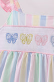 Rainbow stripe butterfly smocked ruffle dress