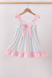 Rainbow stripe butterfly smocked ruffle dress