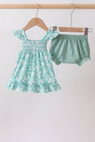 Sage Floral Smocked Bloomer Set