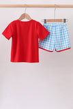 Blue Apple Appliqué Gingham Shorts Set