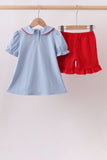 Blue Apple Appliqué Ruffle Set