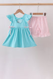 Blue Apple Applique Shorts Set