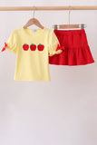 Yellow Apple Crayon Embroidered Girls Skorts Set