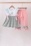 Mint Chicken Applique Ruffle Pants Set