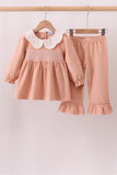 Coral Corduroy Smocked Ruffle Pants Set