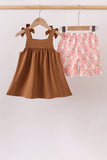 Brown Pumpkin Smocked Lace Shorts Set