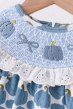 Blue pumpkin bow smocked lace bubble