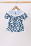Blue pumpkin bow smocked lace bubble