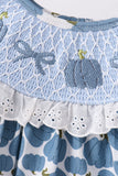 Blue pumpkin bow smocked lace ruffle pants set