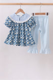 Blue pumpkin bow smocked lace ruffle pants set