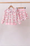 Pink Floral Bow Lace Skorts Set