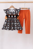 Orange Ghost Embroidery Ruffle Pants Set