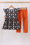 Orange Ghost Embroidery Ruffle Pants Set