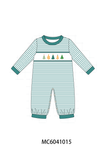 Green Christmas Tree Embroidery Stripe Romper