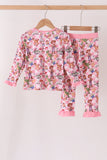 Pink character checkered bamboo ruffle pajama set
