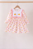 Pink pumpkin bow embroidery ruffle dress