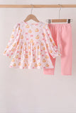 Pink pumpkin bow embroidery ruffle pants set