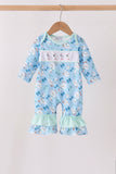 Blue goose bow embroidery ruffle romper
