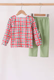 Green merry christmas embroidery plaid pants set