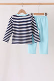Blue train embroidery stripe pants set