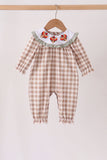 Brown turkey embroidery gingham ruffle romper