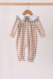 Brown turkey embroidery gingham ruffle romper