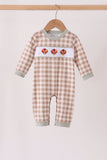 Brown turkey embroidery gingham romper