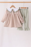 Brown turkey embroidery gingham ruffle pants set