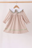 Brown turkey embroidery gingham ruffle dress