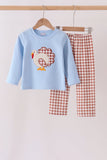 Blue turkey applique gingham pants set