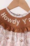 Brown Howdy Y'ALL embroidery ruffle bubble