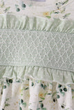 Sage floral smocked ruffle bubble