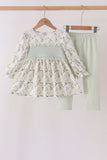 Sage floral smocked ruffle pants set