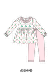 Pink Christmas Tree Embroidery Ruffle Pants Set