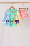 Colorblock character applique ruffle bloomer set