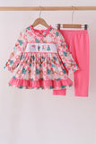 Pink Cowboy Santa Embroidery Ruffle Pants Set