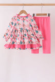 Pink Cowboy Santa Embroidery Ruffle Pants Set