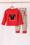 Red christmas character applique gingham pants set