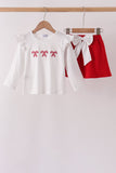 White Candy Cane Smocked polka dot Ruffle Skorts Set