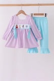Purple Stripe Frozen Embroidery Ruffle Pants Set