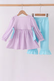 Purple Stripe Frozen Embroidery Ruffle Pants Set