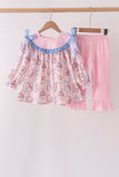 Pink Character Bow Embroidery Ruffle Pants Set