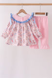 Pink Character Bow Embroidery Ruffle Pants Set