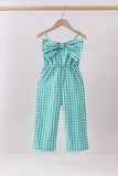 Green bow gingham jumpsuit