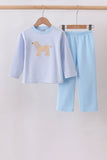 Blue stripe puppy embroidery pants set