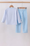 Blue stripe puppy embroidery pants set