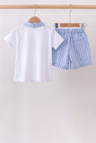 Blue gingham pumpkin embroidery shorts set