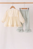 Beige turkey embroidery ruffle pants set