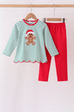Green stripe gingerbread embroidery scalloped pants set
